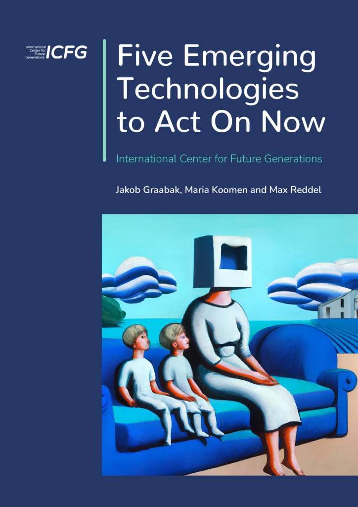 Front cover of ICFG report "Five Emerging Technologies to Act on Now" featuring AI generated artwork.