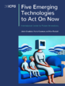 Front cover of ICFG report "Five Emerging Technologies to Act on Now" featuring AI generated artwork.